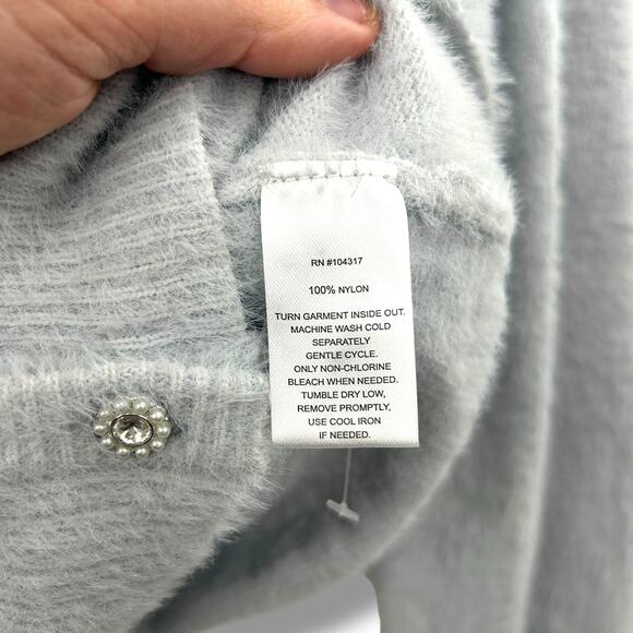 NEW Planet Heart Light Blue Soft Eyelash Knit Cardigan L Pearl Gem Button Fuzzy - Picture 8 of 9